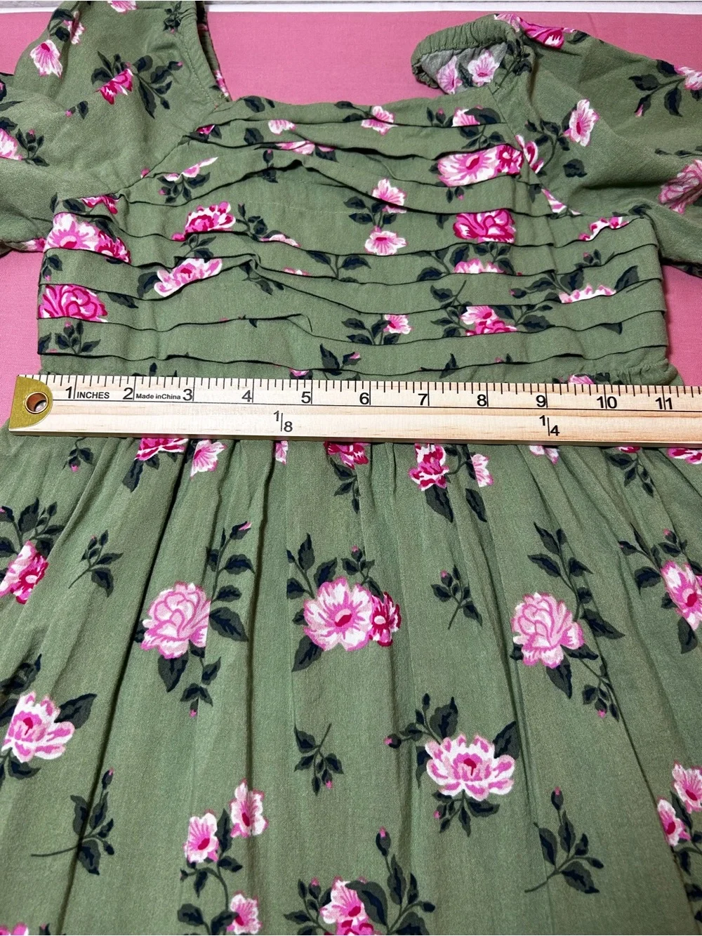 Girls Olive Green Floral Smocked Dress with Pink Roses Size 5